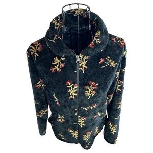 VTG Black Diamond Sherpa Fleece Botanical Floral Print Jacket Black Size Small